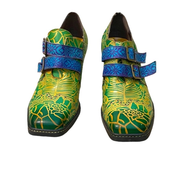 WOMEN'S 9 LEATHER FLORAL HAND PAINTED‎ EMBOSSED DOUBLE STRAP MONK OXFORD - Picture 2 of 12